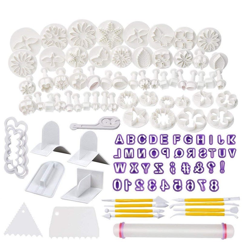 Soleebee 114 Pcs Cake Decorating Tools Fondant Cake Baking Decorating Sugar Craft Icing Tools Plunger Cutters Snowflake Rose Flower Moulds Set Letter Cookie Cutters Rolling Pin Equipment Accessories - Image 1